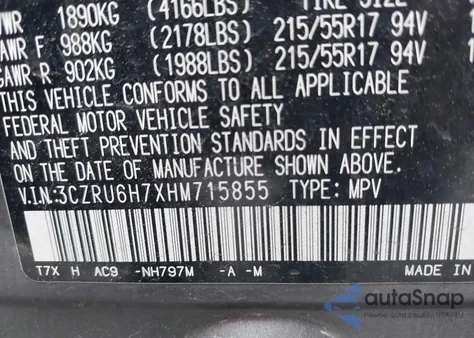 2017 Honda Hr-V Ex-L z USA, uszkodzony, nr VIN 3CZRU6H7XHM715855